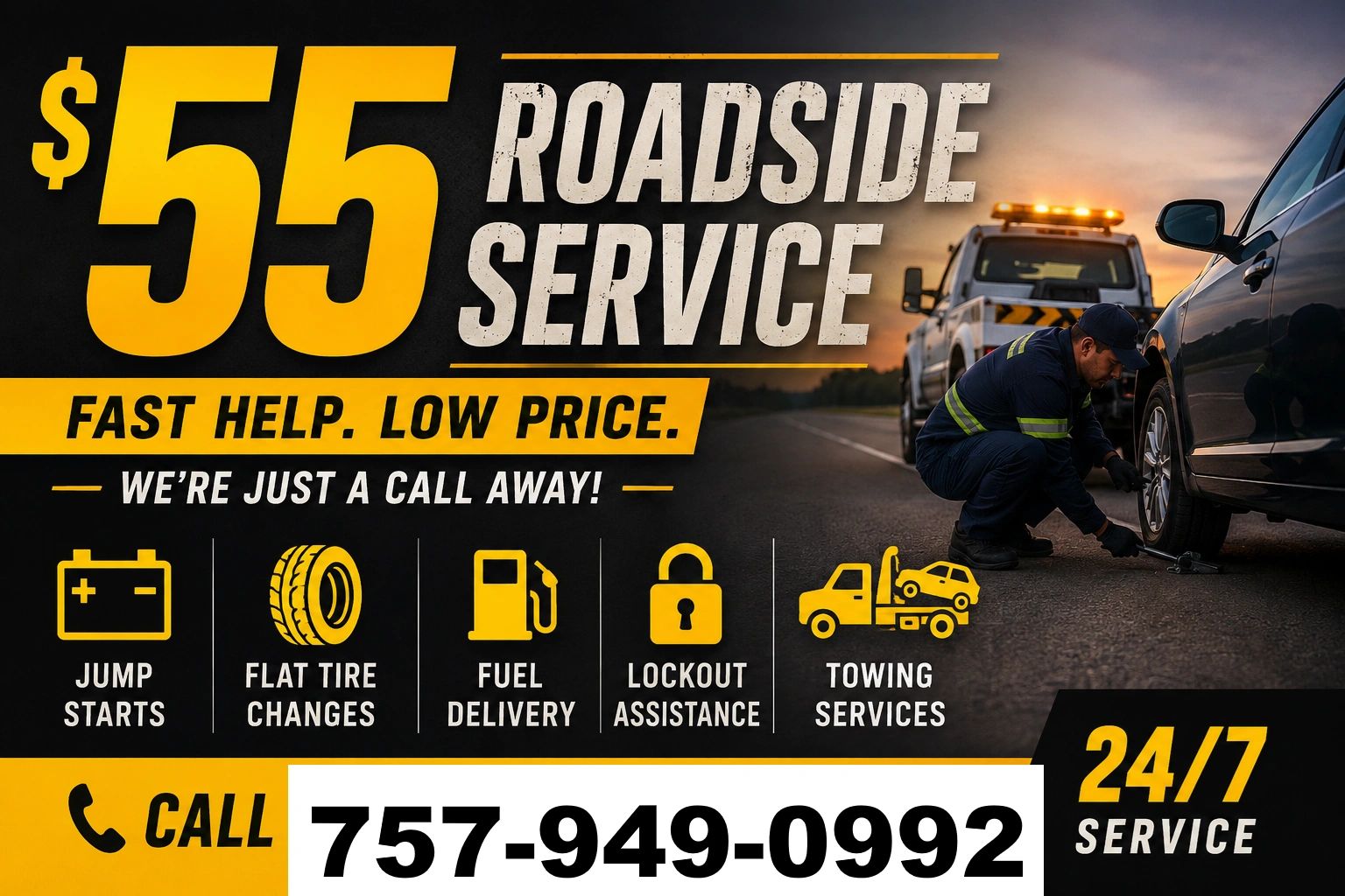 $55 roadside service — jump starts, flat tire changes, fuel delivery, lockout assistance, towing. Call 757-949-0992