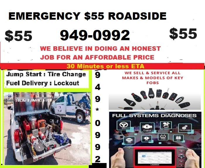 Emergency $55 roadside services — jump start, tire change, fuel delivery, lockout. 30 minutes or less ETA. Key fob sales and service.