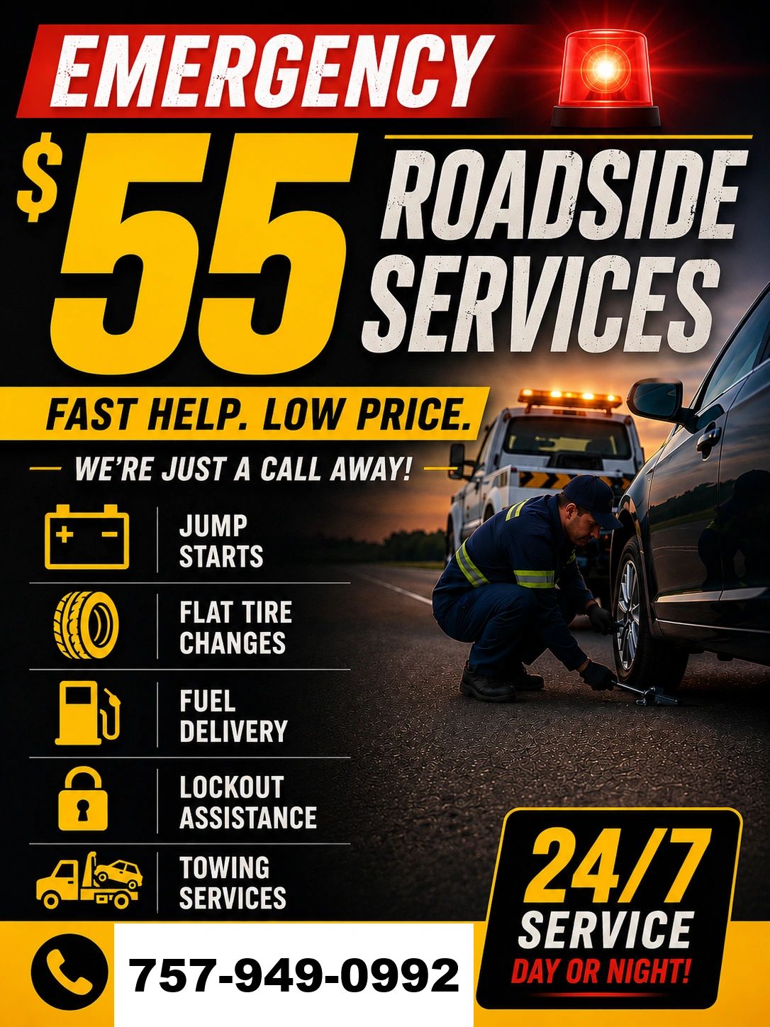 Emergency $55 roadside services — 24/7 service day or night. 757-949-0992